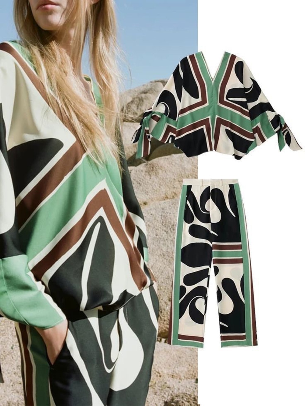 NWT Zara Abstract Silk Pants & Blouse Set Size S